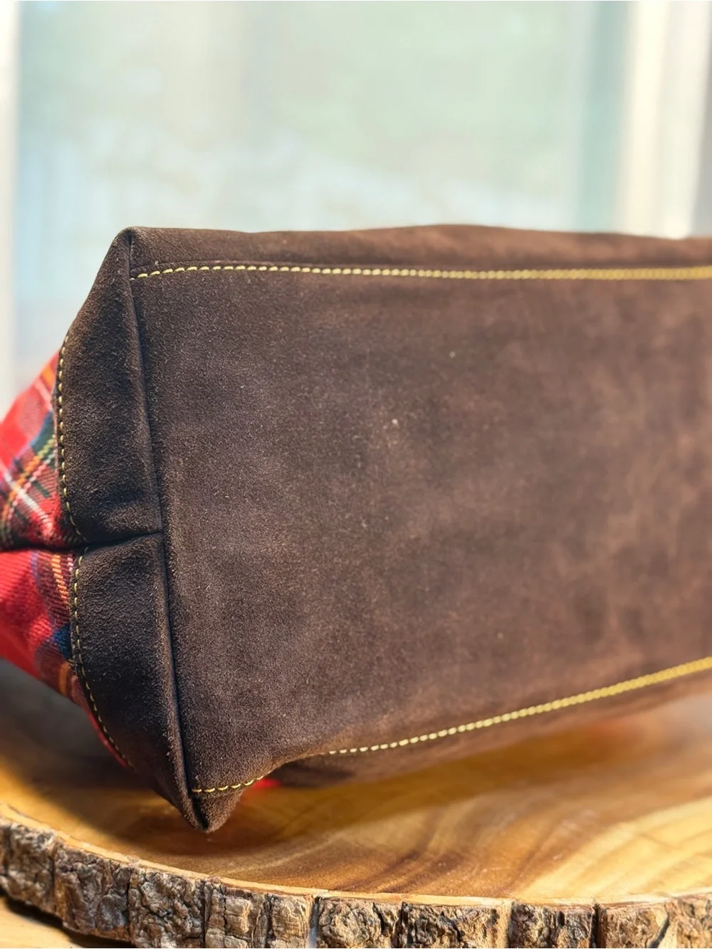 Dooney & Bourke Red Tartan Plaid Hobo Shoulder Bag Dark Brown Suede Trim EUC